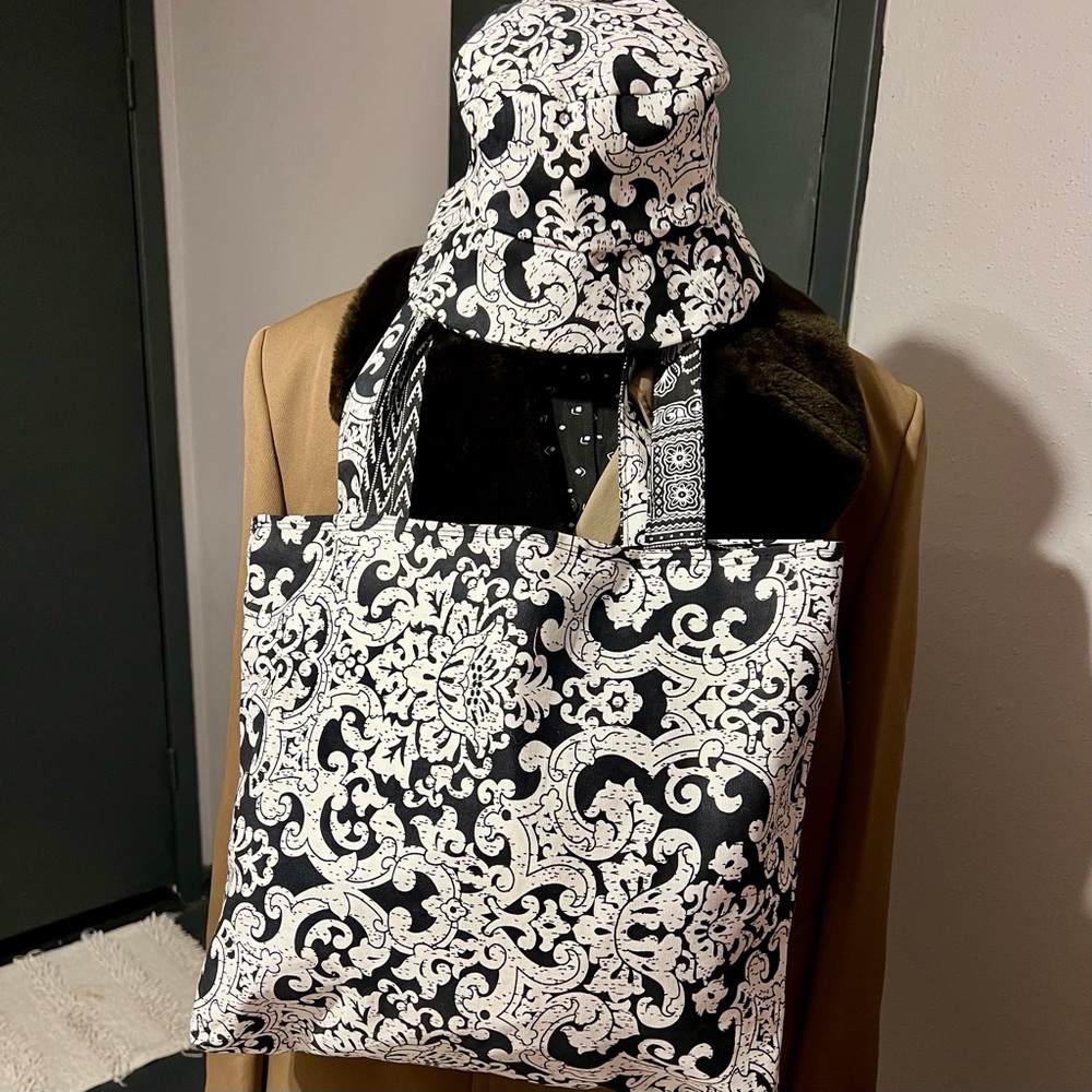 Reversible Chic Black and White Floral one side African one side Tote Bag.